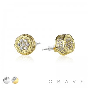 PAIR OF GEM HIP HOP MICROPAVED ROUND STUD STAINLESS STEEL PIN EARRING