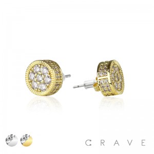 PAIR OF GEM HIP HOP MICROPAVED ROUND STUD STAINLESS STEEL PIN EARRING