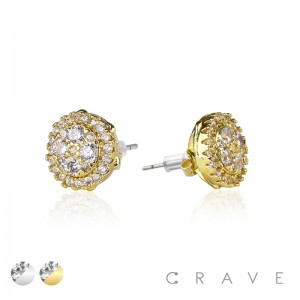 PAIR OF GEM HIP HOP MICROPAVED ROUND STUD STAINLESS STEEL PIN EARRING