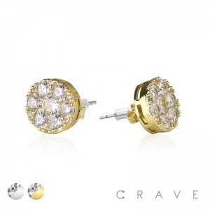 PAIR OF GEM HIP HOP MICROPAVED ROUND STUD STAINLESS STEEL PIN EARRING