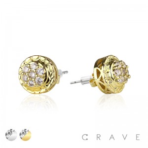 PAIR OF GEM HIP HOP MICROPAVED ROUND STUD STAINLESS STEEL PIN EARRING