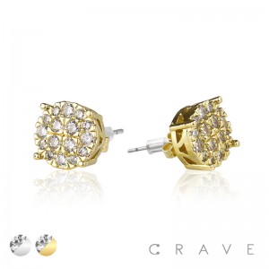 PAIR OF GEM HIP HOP MICROPAVED ROUND CROWN EDGE STAINLESS STEEL PIN EARRING