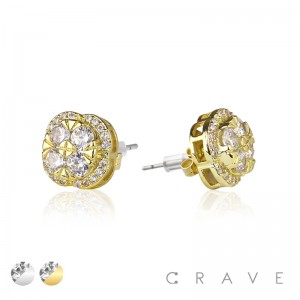 PAIR OF GEM HIP HOP MICROPAVED ROUND EDGE SQUARE STUD STAINLESS STEEL PIN EARRING