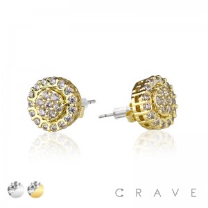 PAIR OF GEM HIP HOP MICROPAVED ROUND STUD STAINLESS STEEL PIN EARRING