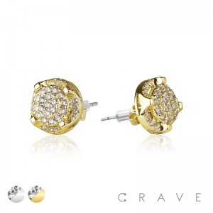 PAIR OF GEM HIP HOP MICROPAVED ROUND STUD STAINLESS STEEL PIN EARRING