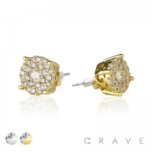 PAIR OF GEM HIP HOP MICROPAVED ROUND CROWN EDGE STAINLESS STEEL PIN EARRING