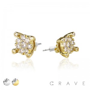 PAIR OF GEM HIP HOP MICROPAVED ROUND CROWN EDGE STAINLESS STEEL PIN EARRING