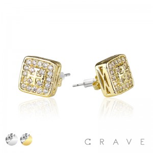 PAIR OF GEM HIP HOP MICROPAVED ROUND EDGE SQUARE STUD STAINLESS STEEL PIN EARRING