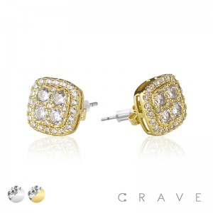 PAIR OF GEM HIP HOP MICROPAVED ROUND EDGE SQUARE STUD STAINLESS STEEL PIN EARRING