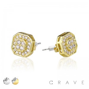 PAIR OF GEM HIP HOP MICROPAVED ROUND EDGE HEXAGON STUD STAINLESS STEEL PIN EARRING