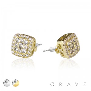 PAIR OF GEM HIP HOP MICROPAVED ROUND EDGE SQUARE STUD STAINLESS STEEL PIN EARRING