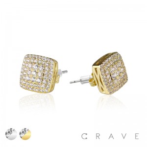 PAIR OF GEM HIP HOP MICROPAVED SQUARE STUD STAINLESS STEEL PIN EARRING