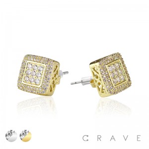 PAIR OF GEM HIP HOP MICROPAVED SQUARE STUD STAINLESS STEEL PIN EARRING