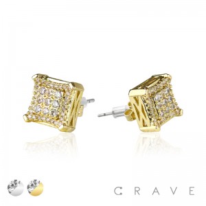 PAIR OF GEM HIP HOP MICROPAVED SQUARE CROWN EDGE STAINLESS STEEL PIN EARRING