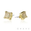 PAIR OF GEM HIP HOP MICROPAVED SQUARE CROWN EDGE STAINLESS STEEL PIN EARRING