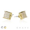PAIR OF GEM HIP HOP MICROPAVED CONCAVE SQUARE CROWN EDGE STAINLESS STEEL PIN EARRING