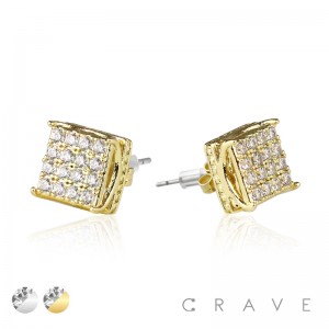 PAIR OF GEM HIP HOP MICROPAVED CONCAVE SQUARE CROWN EDGE STAINLESS STEEL PIN EARRING