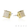 PAIR OF GEM HIP HOP MICROPAVED CONCAVE SQUARE CROWN EDGE STAINLESS STEEL PIN EARRING