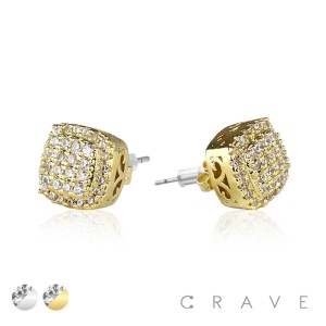 PAIR OF GEM HIP HOP MICROPAVED ROUND EDGE SQUARE STUD STAINLESS STEEL PIN EARRING