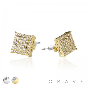 PAIR OF GEM HIP HOP MICROPAVED SQUARE CROWN EDGE STAINLESS STEEL PIN EARRING