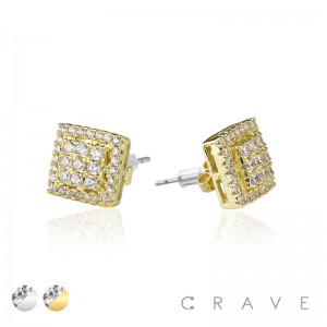 PAIR OF GEM HIP HOP MICROPAVED SQUARE STUD STAINLESS STEEL PIN EARRING