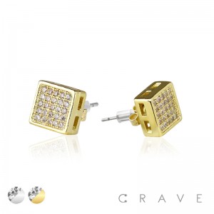 PAIR OF GEM HIP HOP MICROPAVED SQUARE STUD STAINLESS STEEL PIN EARRING
