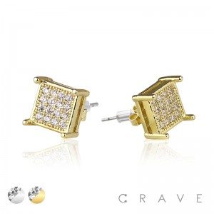 PAIR OF GEM HIP HOP MICROPAVED SQUARE STUD STAINLESS STEEL PIN EARRING