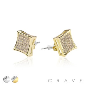 PAIR OF GEM HIP HOP MICROPAVED KITE STUD STAINLESS STEEL PIN EARRING