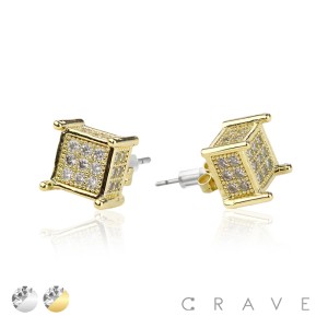 PAIR OF GEM HIP HOP MICROPAVED 3D SQUARE STUD STAINLESS STEEL PIN EARRING