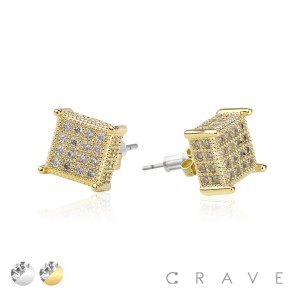 PAIR OF GEM HIP HOP MICROPAVED 3D SQUARE STUD STAINLESS STEEL PIN EARRING