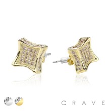PAIR OF GEM HIP HOP MICROPAVED 3D KITE STUD STAINLESS STEEL PIN EARRING