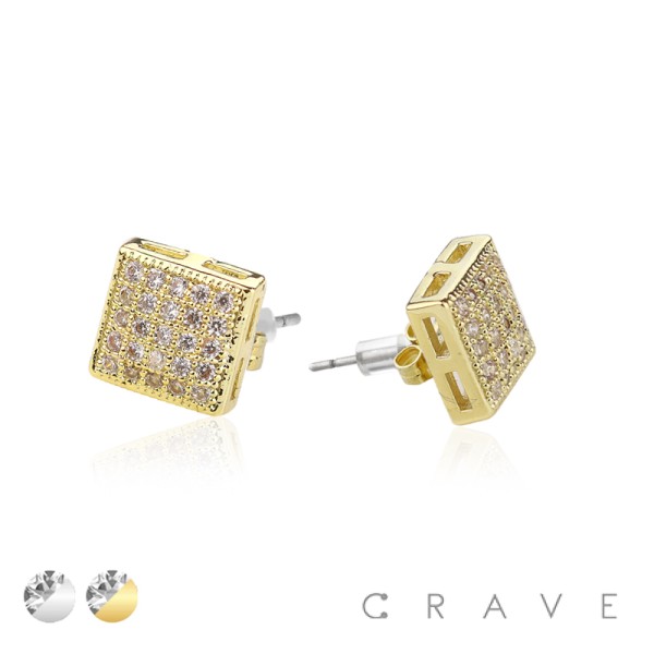 PAIR OF GEM HIP HOP MICROPAVED  SQUARE STUD STAINLESS STEEL PIN EARRING