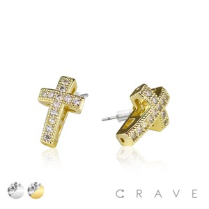 PAIR OF GEM HIP HOP MICROPAVED CROSS STUD STAINLESS STEEL PIN EARRING