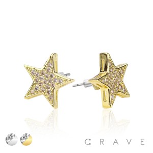 PAIR OF GEM HIP HOP MICROPAVED STAR STAINLESS STEEL PIN EARRING