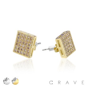 PAIR OF GEM HIP HOP MICROPAVED SQUARE STUD STAINLESS STEEL PIN EARRING