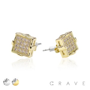 SQUARE CZ PAVED TOP HIP HOP MICRO PAVED STAINLESS STEEL PIN EARRING