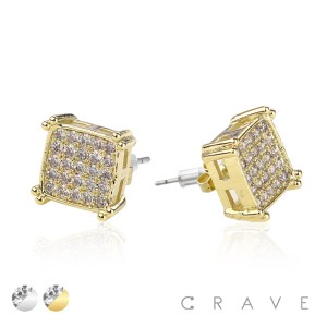 SQUARE CZ PAVED HIP HOP MICRO PAVED STAINLESS STEEL PIN EARRING