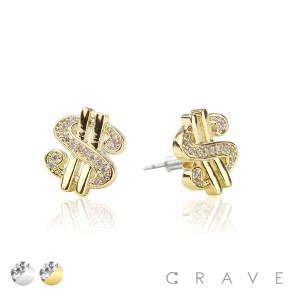 DOLLAR SIGN PAIR OF MICRO PAVED STAINLESS STEEL PIN EARRINGS