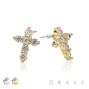 CROSS PAIR OF MICRO PAVED STAINLESS STEEL PIN EARRINGS