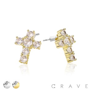 CROSS PAIR OF MICRO PAVED STAINLESS STEEL PIN EARRINGS