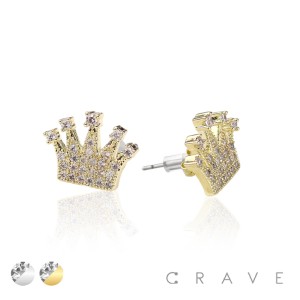 CROWN KING PAIR OF MICRO PAVED STAINLESS STEEL PIN EARRINGS