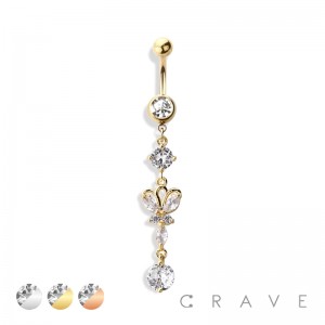 BUTTERFLY DANGLE CZ WITH ROUND GEM 316L SURGICAL STEEL NAVEL RING