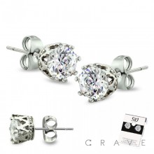 PAIR OF 316L STAINLESS STEEL PIN CROWN PRONG CLEAR ROUND CZ STUD EARRINGS