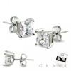 PAIR OF 316L STAINLESS STEEL PIN PRONG SQUARE CZ STUD EARRING