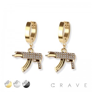 PAIR OF 316L STAINLESS STEEL HUGGIE/HOOP EARRINGS WITH GEM PAVED MACHINE GUN