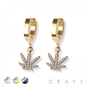 PAIR OF 316L STAINLESS STEEL HUGGIE/HOOP EARRINGS WITH MARIJUANA PENDANT