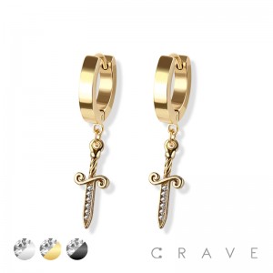 PAIR OF 316L STAINLESS STEEL HUGGIE/HOOP EARRINGS WITH DAGGER