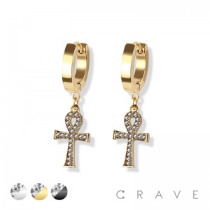 PAIR OF 316L STAINLESS STEEL HUGGIE/HOOP EARRINGS WITH OUTLINED ANHK CROSS CHARM
