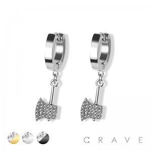 PAIR OF 316L STAINLESS STEEL HUGGIE/HOOP EARRINGS WITH GEM PAVED AXE DANGLE