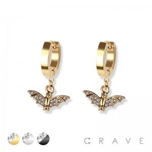 PAIR OF 316L STAINLESS STEEL HUGGIE/HOOP EARRINGS WITH GEM PAVED BAT DANGLE